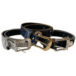 Elite Vintage 80’s Belt Lot of 3 Sparkle Rhinestone Blue Black Silver